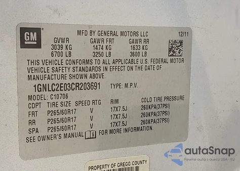 2012 Chevrolet Tahoe Commercial Fleet z USA, uszkodzony, nr VIN 1GNLC2E03CR203691